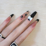 Cute Long Coffin Press on Nails Black Glossy Fake Nails Design Flower Bow French False Nails Tips Full Cover Halloween 24Pcs In Australia - Darrahopens