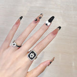 Cute Long Coffin Press on Nails Black Glossy Fake Nails Design Flower Bow French False Nails Tips Full Cover Halloween 24Pcs