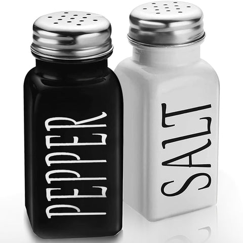 Salt and Pepper Shakers Set, Cute Glass Spice Shaker with Stainless Steel Lid, Black and White Farmhouse Kitchen Table Decor 2pes