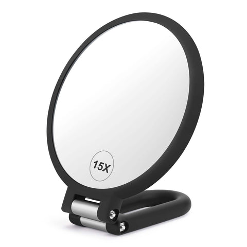 Magnifying Handheld Mirror Double Sided, 1X 15X Magnification Hand Mirror, Travel Folding Held Adjustable Rotation Pedestal Makeup