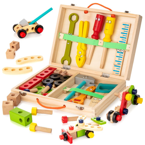 Tool Kit for Kids, Wooden Toddler Tools Set Including Tool Box & DIY Stickers, Montessori Educational Construction Toys In Australia - Darrahopens