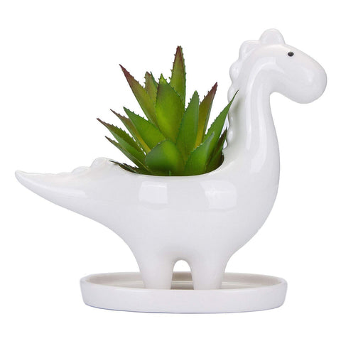 Desktop Cute Cartoon Herbivorous Dinosaur White Ceramic Succulent Pot with Tray, Bonsai Cactus Flower Pot Vase Holder Decorative In Australia - Darrahopens