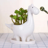 Desktop Cute Cartoon Herbivorous Dinosaur White Ceramic Succulent Pot with Tray, Bonsai Cactus Flower Pot Vase Holder Decorative