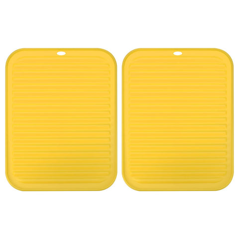 Dish Drying Mat Set, 2 Pcs 12" x 9" Silicone Sink Drain Pad Heat Resistant Suitable for Kitchen Counter, Fridge, Drawer - Yellow