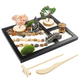 Desktop mini garden with white sand artificial bonsai, tree stones, rake and accessories - Office decoration sand garden kit