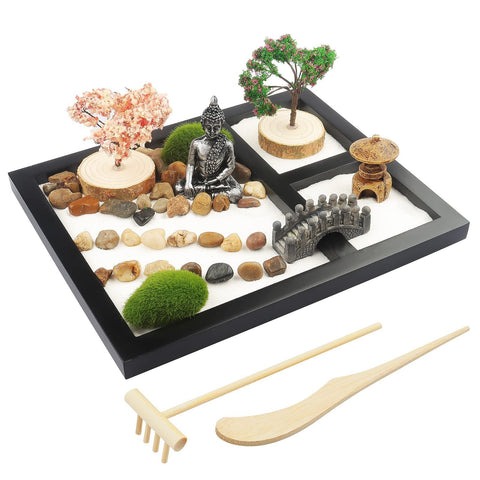 Desktop mini garden with white sand artificial bonsai, tree stones, rake and accessories - Office decoration sand garden kit