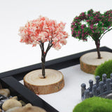 Desktop mini garden with white sand artificial bonsai, tree stones, rake and accessories - Office decoration sand garden kit