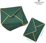50 PCS Invitation Envelopes , Green Envelopes 5 x 7 Inch V-Flap Mailing Card Envelopes Quick Seal Envelopes with Gold Border