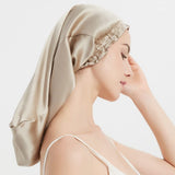 Mulberry Silk Sleep Cap, Silk Long Night Cap, Elastic, Breathable, Care for Women's Hair ( Apricot Color)