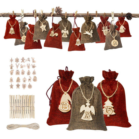 24Pcs Christmas Drawstring Gift Bags with Number Wooden Signs, Linen Present Bags for Christmas Birthday Party Countdown Favors