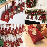 24Pcs Christmas Drawstring Gift Bags with Number Wooden Signs, Linen Present Bags for Christmas Birthday Party Countdown Favors