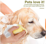 Pet Grooming Bath Massage Brush with Soap and Shampoo Dispenser, Soft Silicone Bristles for Long/Short Hair, Shower, Yellow