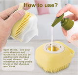 Pet Grooming Bath Massage Brush with Soap and Shampoo Dispenser, Soft Silicone Bristles for Long/Short Hair, Shower, Yellow
