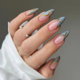 24 Pcs - MINGCHUN Summer Fake Nails Press ons French Nail Art Tips Glitter Line Design Full Cover Acrylic False Nails Glue