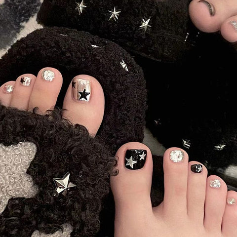 Short Press on Toenails Square False Toenails Black silver Fake Toe Nails Stars Designs Glue on Toenails Full Cover Stick 24Pcs In Australia - Darrahopens