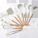 Kitchen Cooking Utensils Set,11pcs Non-Stick Silicone Cooking Kitchen Utensils Spatula Set with Holder, Wooden Handle Silicone