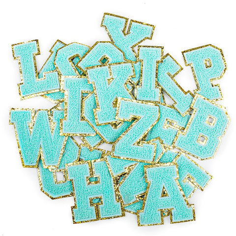 26pcs A-Z Gold Glitter Border Letters Patches Fuzzy Embroidered Letter Sew on Patches for Clothes, Jacket, Bag ( Light-Blue) In Australia - Darrahopens