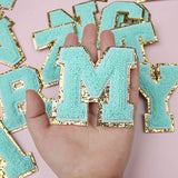 26pcs A-Z Gold Glitter Border Letters Patches Fuzzy Embroidered Letter Sew on Patches for Clothes, Jacket, Bag ( Light-Blue)