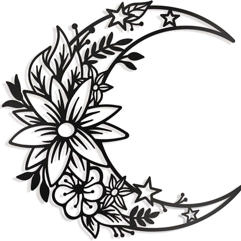 Moon Metal Floral Art Decor -  Black Large Floral Moon and Star Phase Wall signs for Half Moon Flower Sculpture Hanging Wall In Australia - Darrahopens
