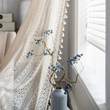 Curtains Crochet Lace Semi-Sheer Bohemian Hollow Knitted Handmade Tassels, Rod Pocket Window Treatment Vintage Rustic Farmhouse