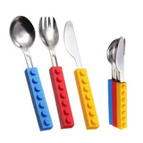 Toddler Utensils and Brick Toys - Set of 3 Interlocking Block Kids Silverware - Toddler Fork and Spoon Set with Toddler Knife