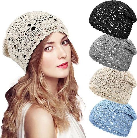 4 Pcs Hat Fall Handmade Knit Floral Cotton Cutout Summer Hats for Women Lightweight Knitted （A set of 4 different colors） In Australia - Darrahopens