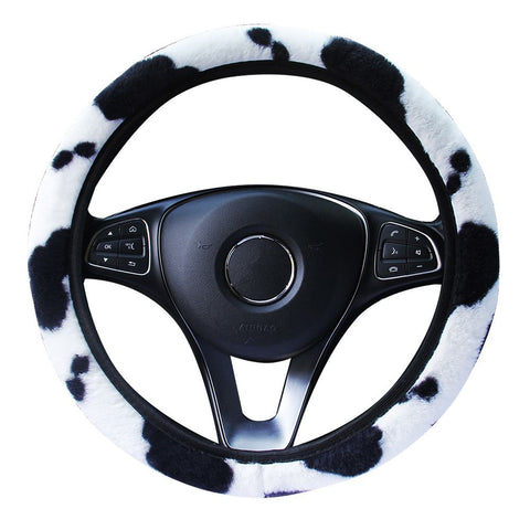 Cow Print Plush Steering Wheel Cover Fluffy Winter Warm Universal Winter  Rhinestone Design,Bling Car Accessories for Women Men