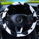 Cow Print Plush Steering Wheel Cover Fluffy Winter Warm Universal Winter  Rhinestone Design,Bling Car Accessories for Women Men