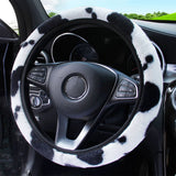 Cow Print Plush Steering Wheel Cover Fluffy Winter Warm Universal Winter  Rhinestone Design,Bling Car Accessories for Women Men