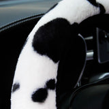 Cow Print Plush Steering Wheel Cover Fluffy Winter Warm Universal Winter  Rhinestone Design,Bling Car Accessories for Women Men