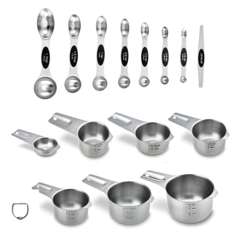 Stainless Steel Measuring Cups Set of 15 with Pour Spout, Metal Kitchen Tools with Easy to Read Markings for Measuring Dry