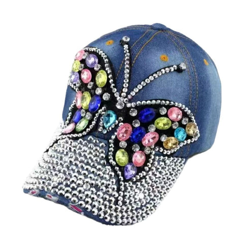 Women's Full Crystal Colorful Cap Denim Shiny Diamond Buckle Back Summer Hats
Butterfly Design Bling Womens Baseball Caps （2pcs）