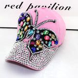 Women's Full Crystal Colorful Cap Denim Shiny Diamond Buckle Back Summer Hats
Butterfly Design Bling Womens Baseball Caps （2pcs）