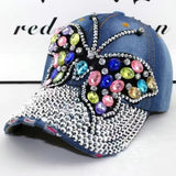 Women's Full Crystal Colorful Cap Denim Shiny Diamond Buckle Back Summer Hats
Butterfly Design Bling Womens Baseball Caps （2pcs）