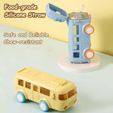 Bus Water Bottle for Kids 500 ml Bus Straw Water Cup with Strap Portable Bus Shape Water Cup Detachable Leakproof Plastic （2pcs）