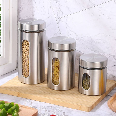Plated Silver Stainless Steel Kitchen Storage Canister with Glass Window 3Pcs In Australia - Darrahopens