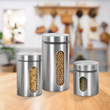 Plated Silver Stainless Steel Kitchen Storage Canister with Glass Window 3Pcs