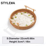 Round Rattan Wicker Woven Tray Basket with Shell Wooden Base and Handle for Fruit Bread Serving, Coffee Table Tray, Vanity Ottoman Tray Organizer for Kitchen, Storage Display
