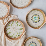 Round Rattan Wicker Woven Tray Basket with Shell Wooden Base and Handle for Fruit Bread Serving, Coffee Table Tray, Vanity Ottoman Tray Organizer for Kitchen, Storage Display