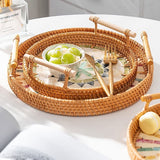 Round Rattan Wicker Woven Tray Basket with Shell Wooden Base and Handle for Fruit Bread Serving, Coffee Table Tray, Vanity Ottoman Tray Organizer for Kitchen, Storage Display