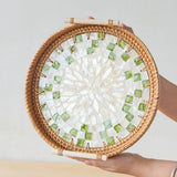 Round Rattan Wicker Woven Tray Basket with Shell Wooden Base and Handle for Fruit Bread Serving, Coffee Table Tray, Vanity Ottoman Tray Organizer for Kitchen, Storage Display