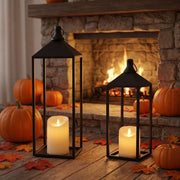 Black Iron Open Frame Candle Holder Set with LED Flameless Candles for Tabletop Hanging Decor