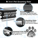 3-in-1 Pet Grooming Rake Comb: Painless Dematting, Deep Deshedding, for Long & Short Hair. Ergonomic Non-Slip Handle, Foldable & Easy to Store.