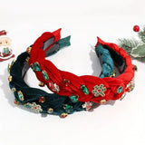 Christmas Tie-Dye Velvet Headband: Hand-Woven Wide Band, Embellished with Rhinestones and Snowflake Charms, Red and Green Festive Colors, Perfect Statement Accessory for Parties and Holiday Photos.(RED) In Australia - Darrahopens
