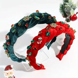 Christmas Tie-Dye Velvet Headband: Hand-Woven Wide Band, Embellished with Rhinestones and Snowflake Charms, Red and Green Festive Colors, Perfect Statement Accessory for Parties and Holiday Photos.(RED)