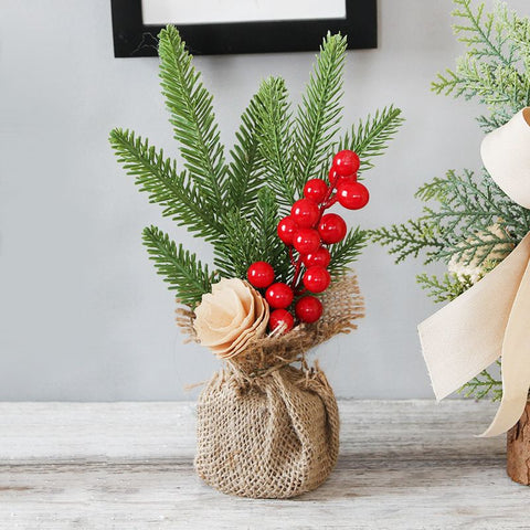 Desktop Mini Christmas Tree 25cm, Burlap Bow with Pinecone Base, Lightweight & Versatile, Brightens Office and Home Holiday Atmosphere (Red Berry Style)