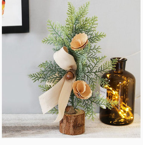 Desktop Mini Christmas Tree 25cm, Burlap Bow with Pinecone Base, Lightweight & Versatile, Brightens Office and Home Holiday Atmosphere (Pine Needle Style)