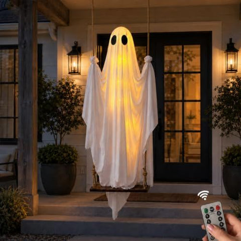 Swinging Ghost Halloween Porch Decoration, Spooky Hanging Decor for Outdoor Holiday Displays (white) In Australia - Darrahopens