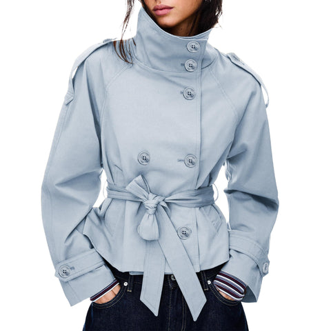 Women’s short trench coat, perfect for commuting, weekend getaways and autumn layering, L (Light Grey Blue) In Australia - Darrahopens
