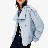 Women’s short trench coat, perfect for commuting, weekend getaways and autumn layering, L (Light Grey Blue)